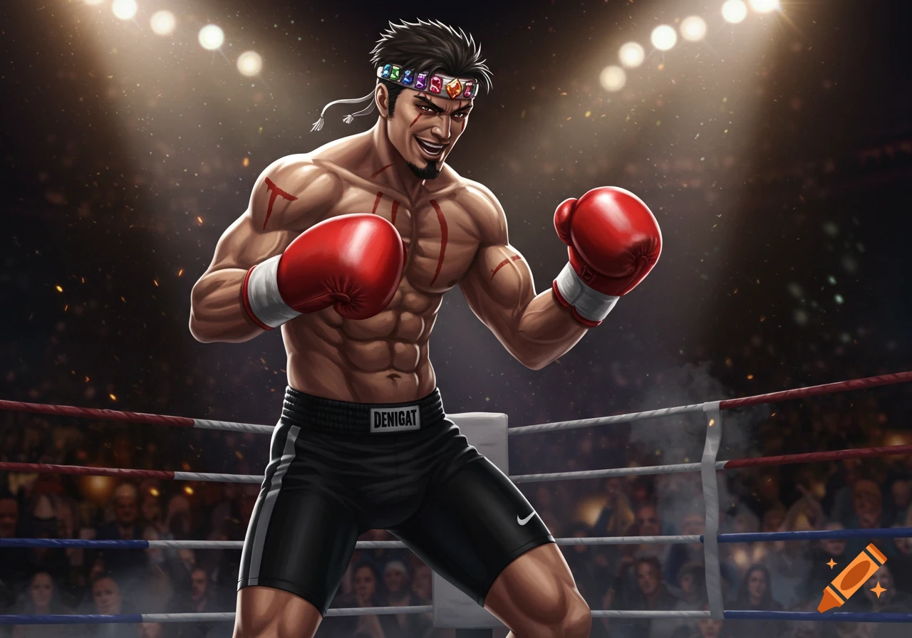A muscular male boxer in red gloves and black shorts stands in a boxing ring under spotlights, in an anime-inspired art style.