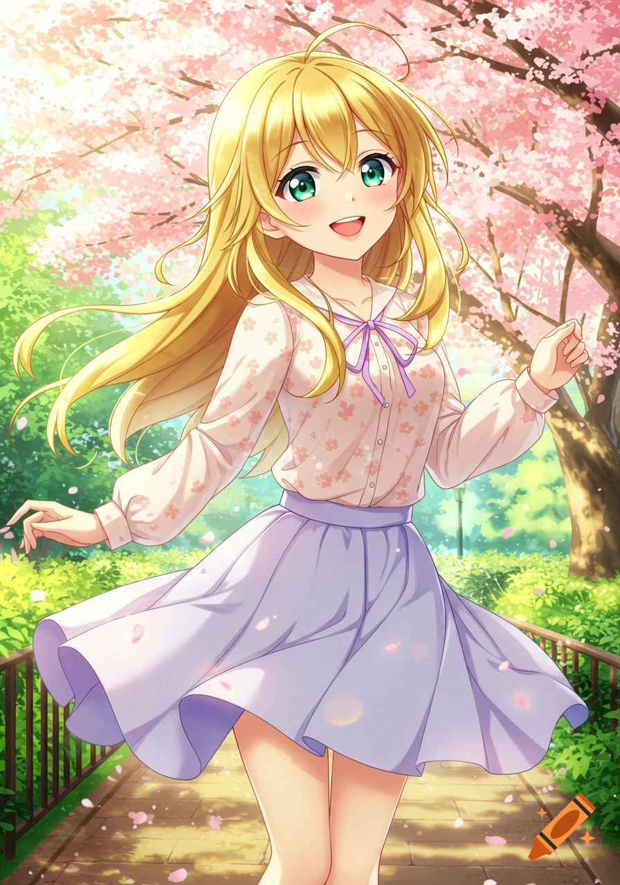 Smiling blonde anime girl with green eyes in a spring park with cherry blossoms and falling petals.