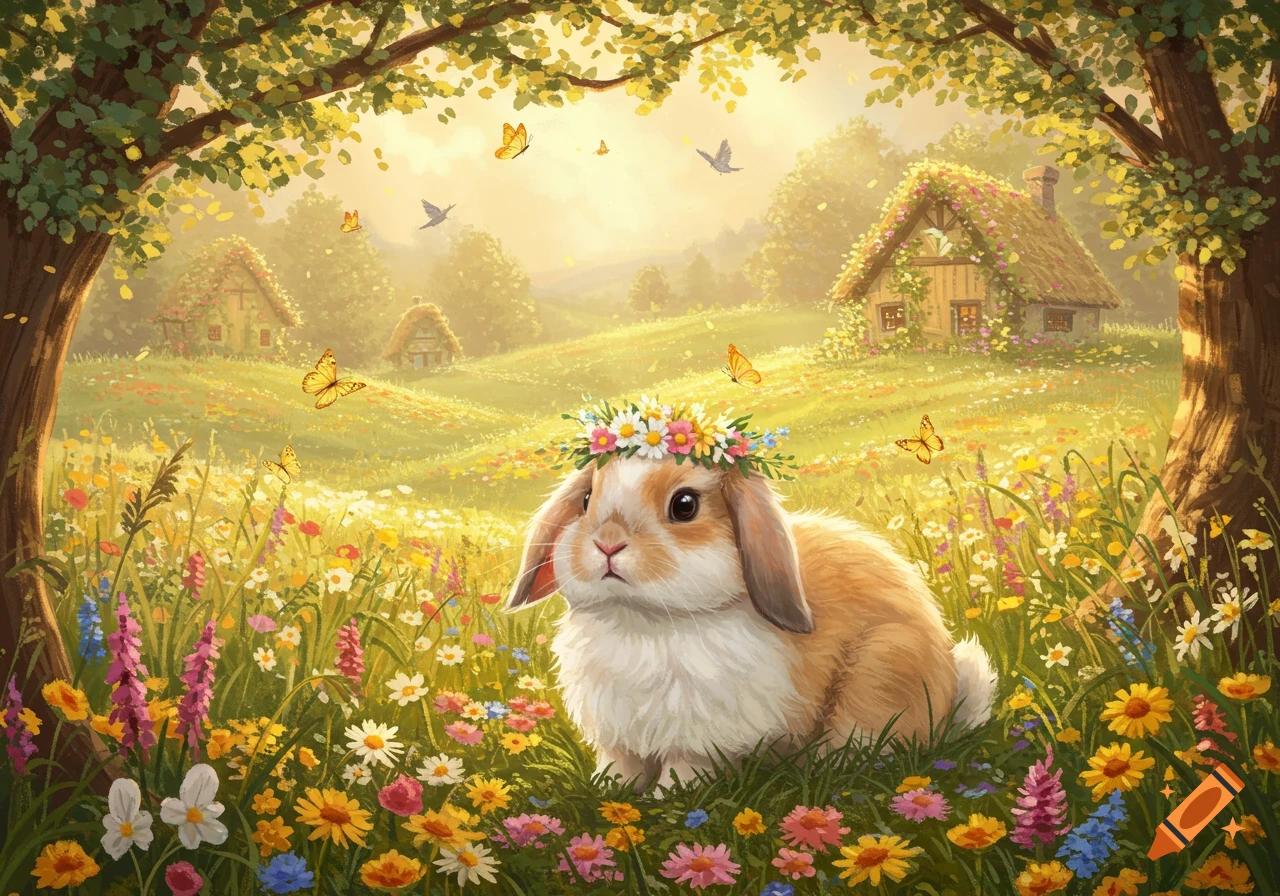 Fluffy lop-eared bunny with a flower crown sits in a vibrant spring meadow with wildflowers, butterflies, and whimsical cottages.