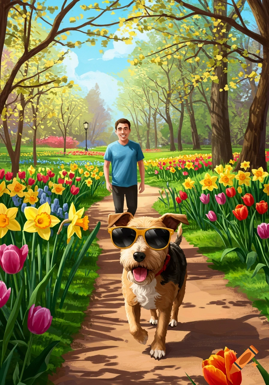 A man and a dog wearing sunglasses walk along a path surrounded by colorful spring flowers in a vibrant park illustration.