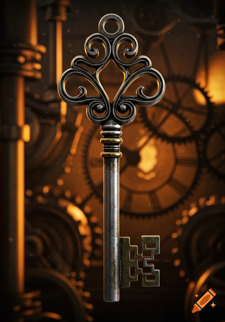 An ornate, antique-style key with intricate metalwork, crafted from dark and gold-toned metal, set against a blurred steampunk background of gears and warm, orange light.