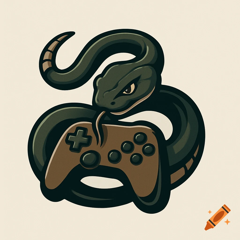 Stylized logo of a dark green snake coiled around a brown game controller, with its tongue touching the joystick.