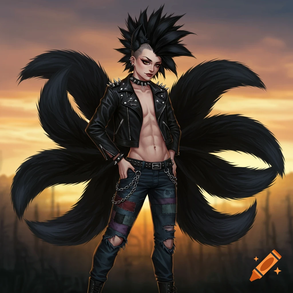 A punk-styled character with spiky black hair, an open leather jacket revealing abs, ripped jeans, and multiple black fox tails stands before a sunset.