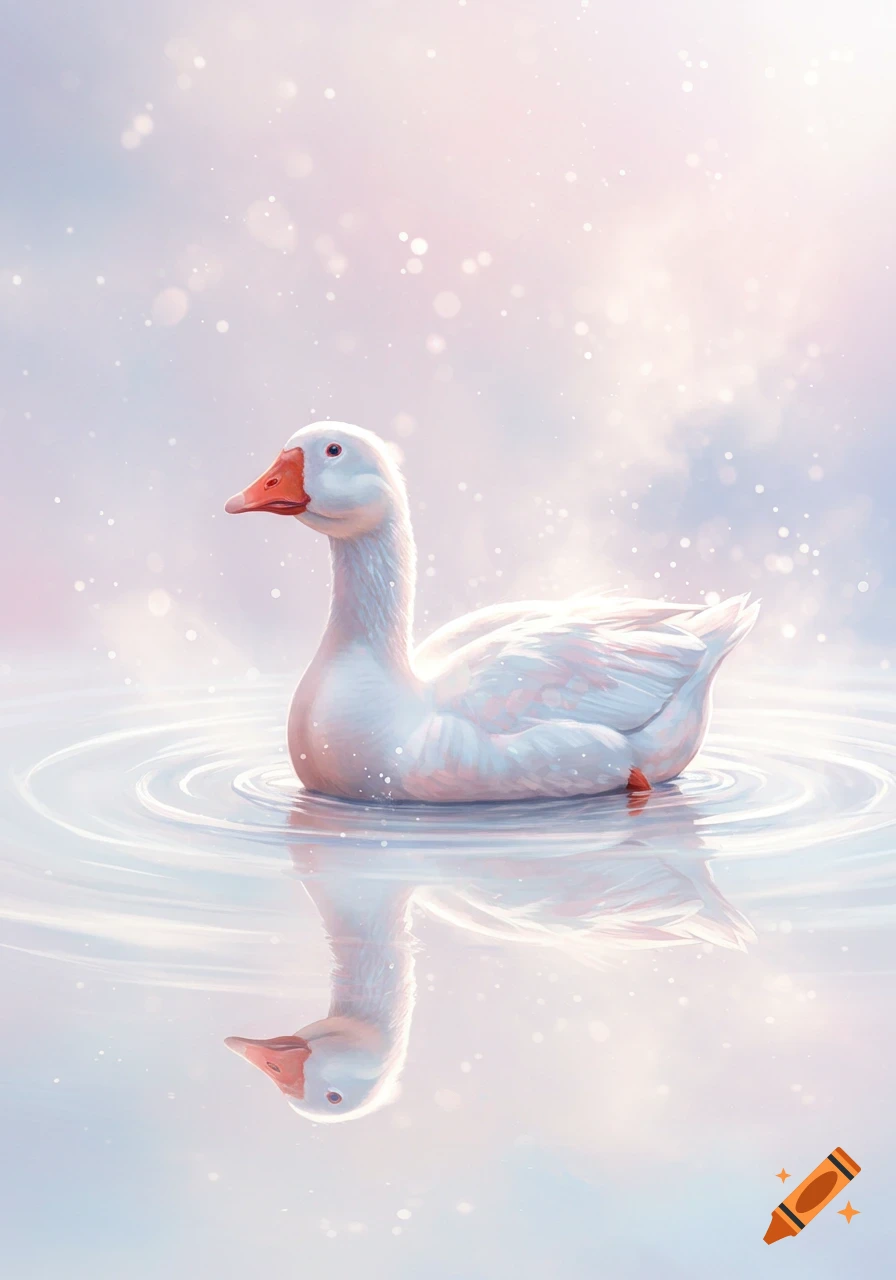 A white goose floats gracefully on calm water, reflected below, against a soft pink and blue sky with sparkling bokeh.