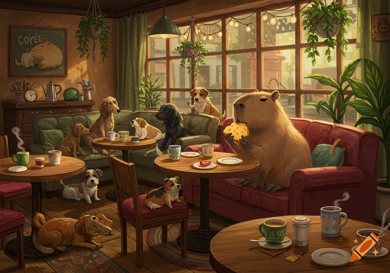 A cozy illustrated cafe scene with a capybara eating cheese on a red couch, surrounded by many dogs relaxing at tables.