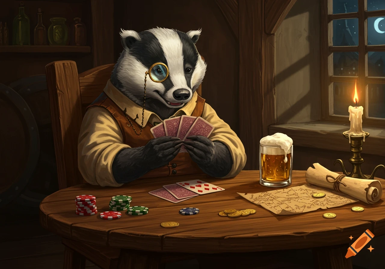 A dapper badger in a monocle plays cards at a tavern table with chips, beer, and a map. Digital illustration.