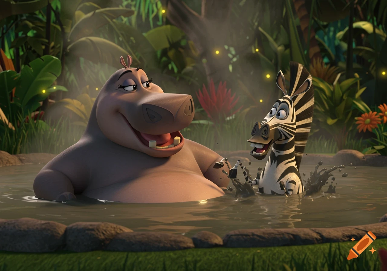 Gloria the hippo and Marty the zebra from Madagascar relaxing in a tropical mud pool, 3D animated cartoon.