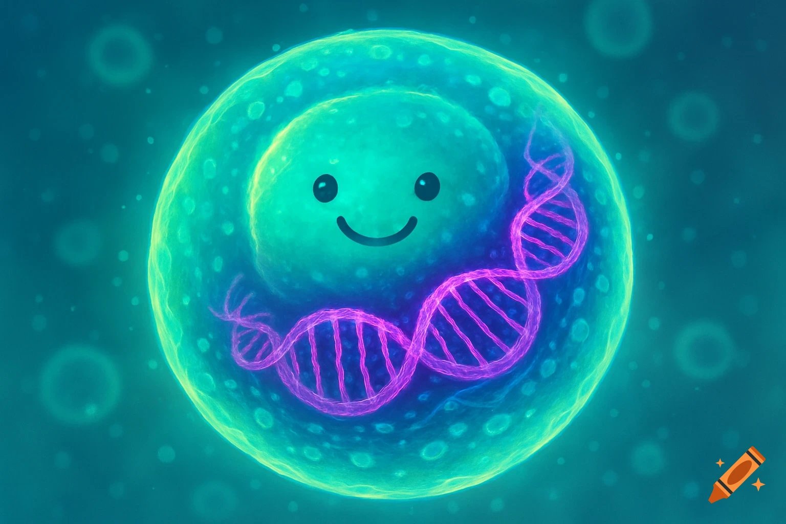 A vibrant, glowing illustration of a smiling round cell with purple DNA strands inside, against a teal background.