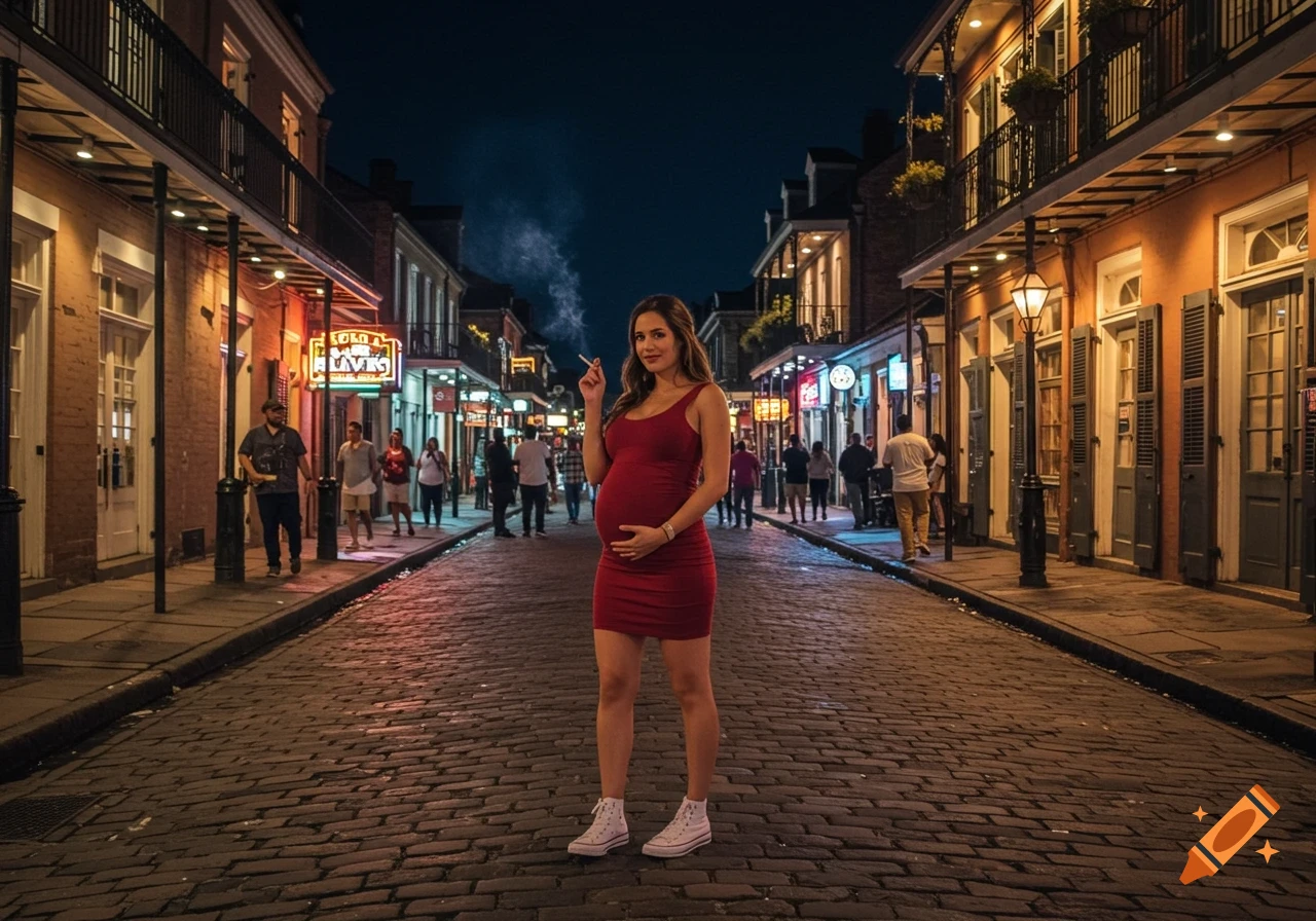 A photorealistic image of a pregnant woman in a red dress, smoking a cigarette on a cobblestone street at night, lined with buildings.