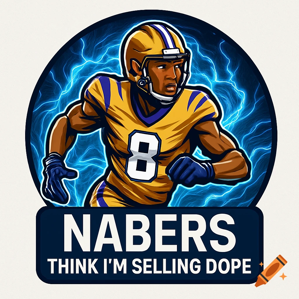 Cartoon-style logo of a football player in gold and purple jersey number 8, running with a blue lightning background. Text: 'NABERS THINK I'M SELLING DOPE'.