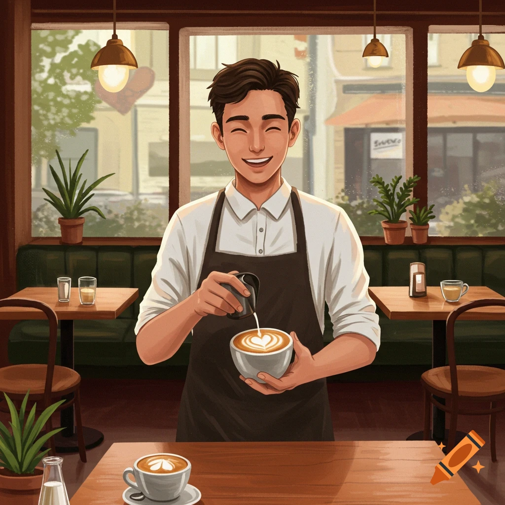 An illustration of a smiling barista in an apron making latte art with milk in a coffee shop.
