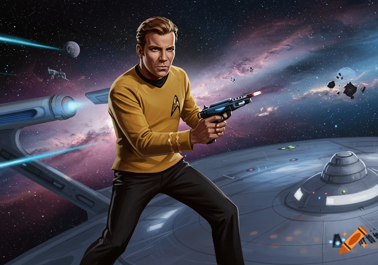 Captain Kirk in gold Starfleet uniform holds a phaser on a spaceship deck, in an illustrative space scene with planets and nebulae.