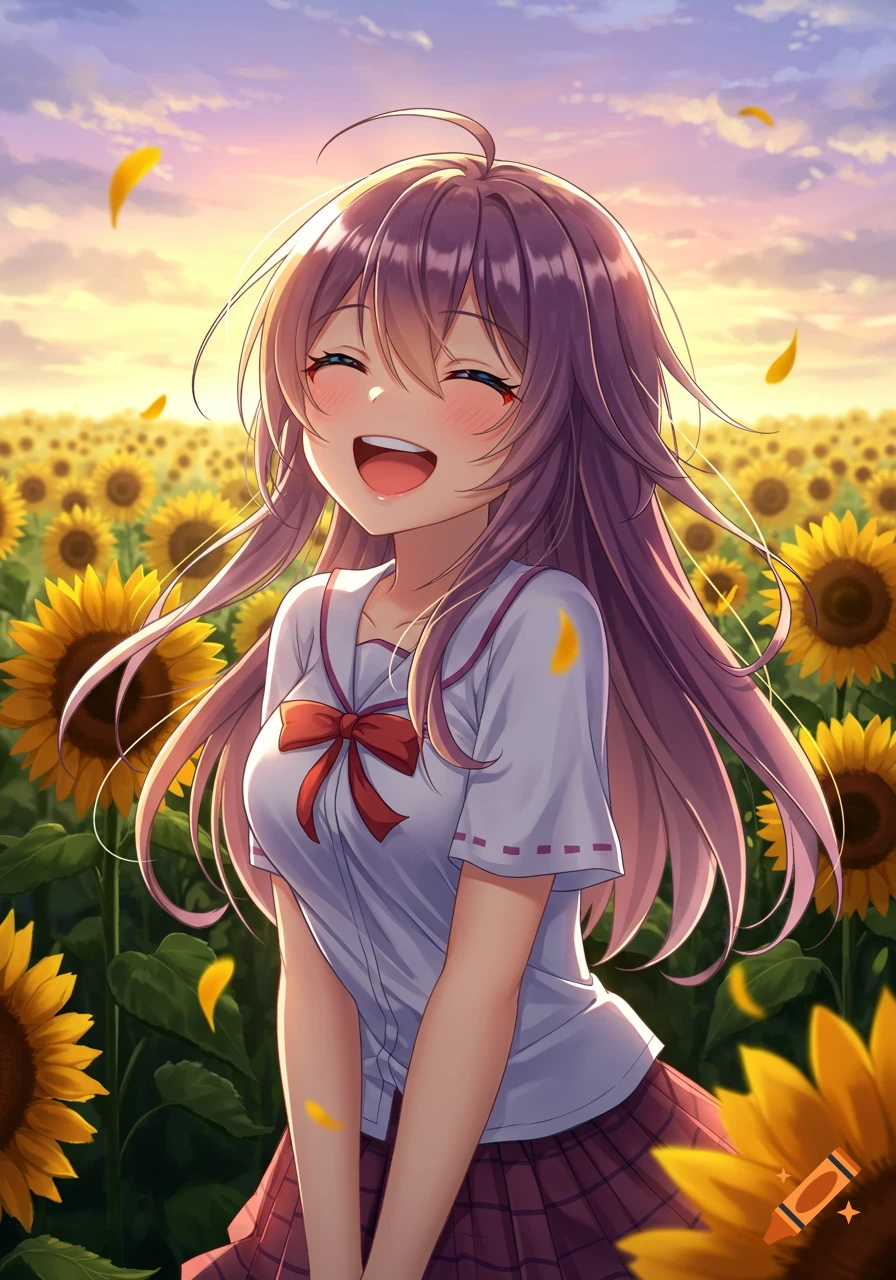 Anime girl with purple hair laughing happily in a field of sunflowers at sunset.