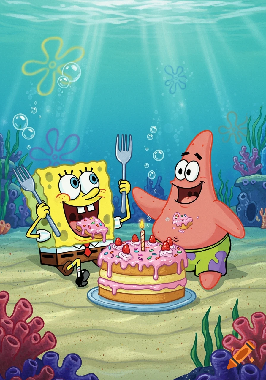 SpongeBob and Patrick joyfully eating cake with forks underwater, surrounded by coral and bubbles, cartoon style.