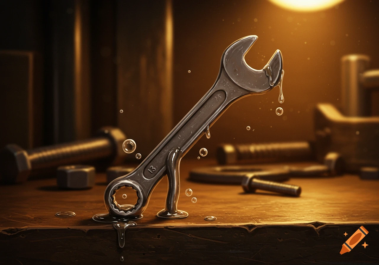 A stylized metal wrench drips liquid and melts onto a wooden workbench in a dimly lit workshop, with bubbles floating around it.