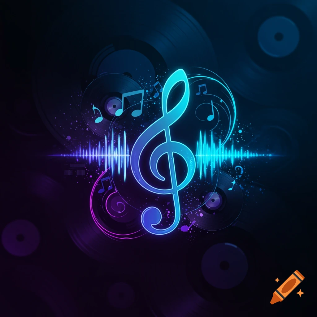 Glowing blue and purple treble clef with a sound wave, surrounded by musical notes and blurred vinyl records on a dark background. Digital art style.