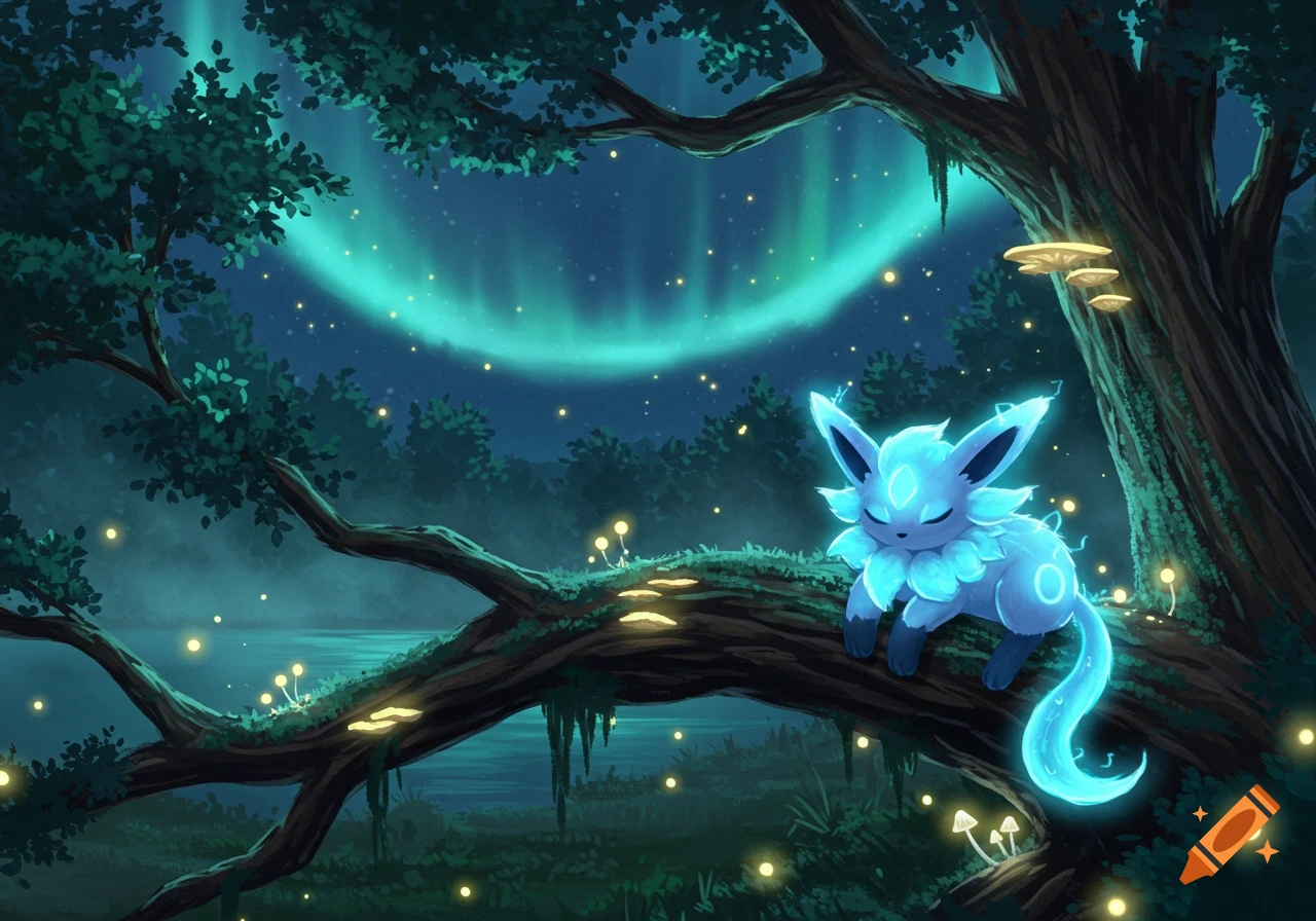 A glowing blue creature resembling a Pokémon sits on a tree branch in a magical forest under a green aurora borealis at night.