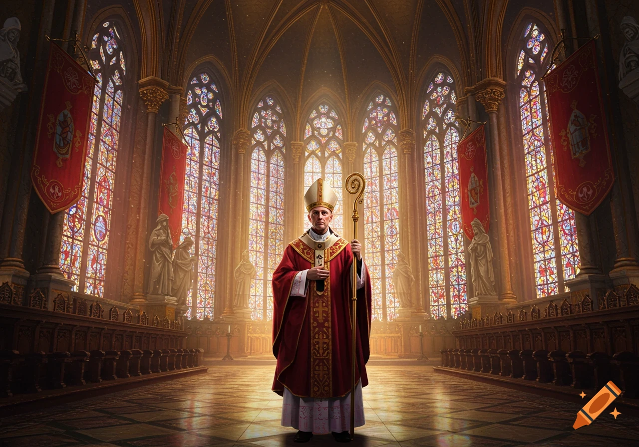 A bishop in red and white robes holding a staff, standing in a grand cathedral with colorful stained glass windows.