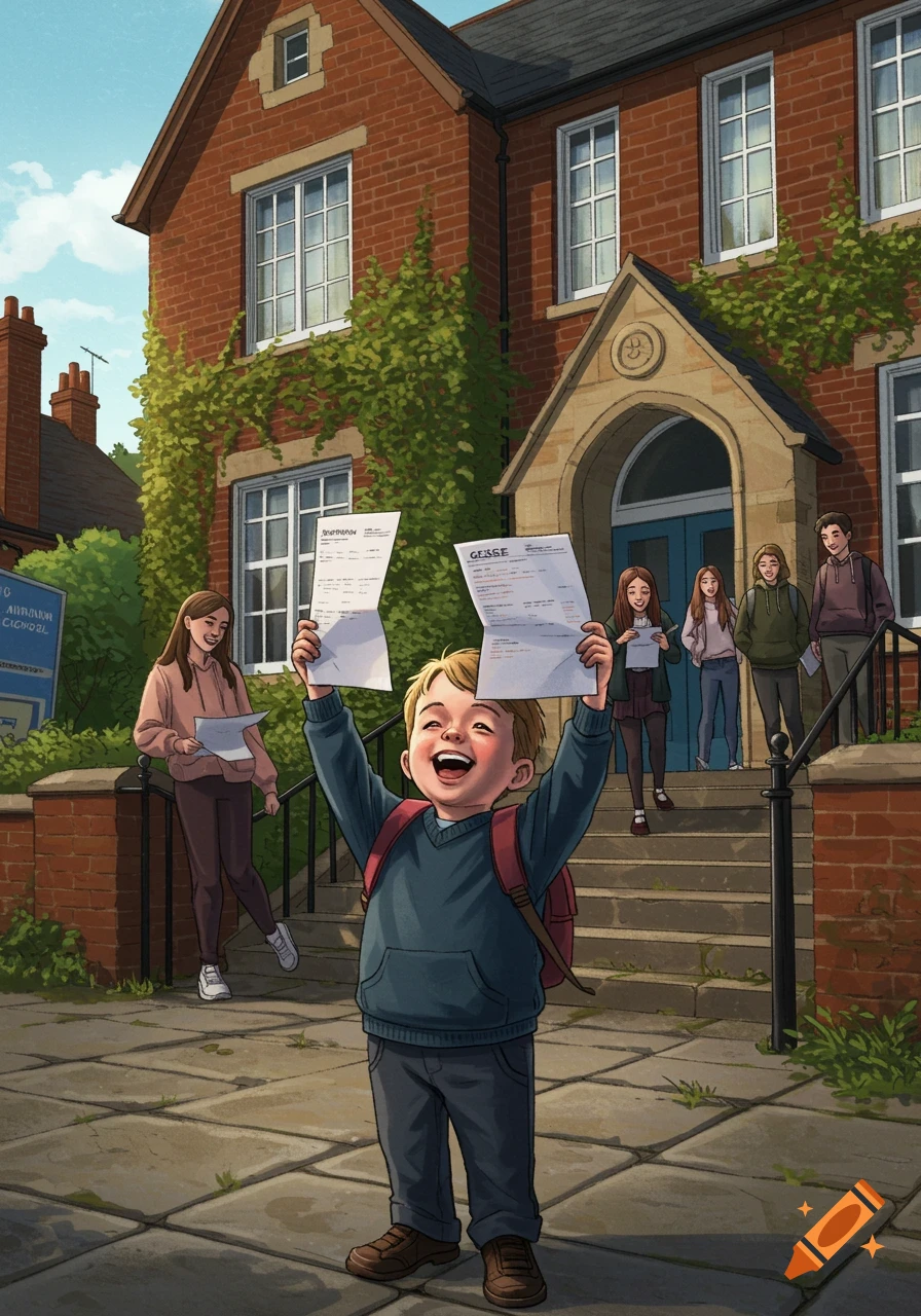 A happy young boy in a backpack joyfully holds up two sheets of paper, presumably results, in front of a school building with other students.