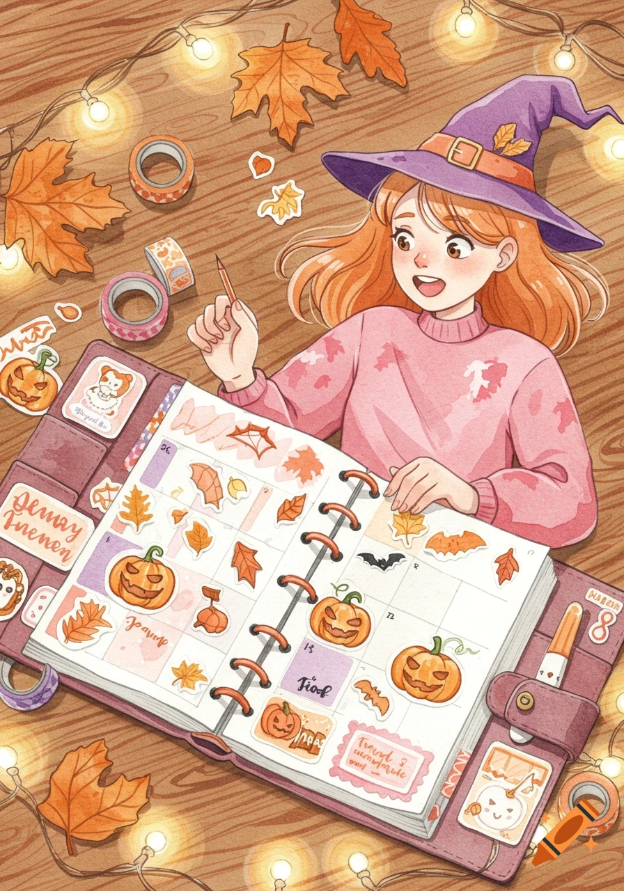 A watercolor illustration of a cheerful girl in a witch hat, decorating an autumn-themed planner with Halloween stickers and washi tape.