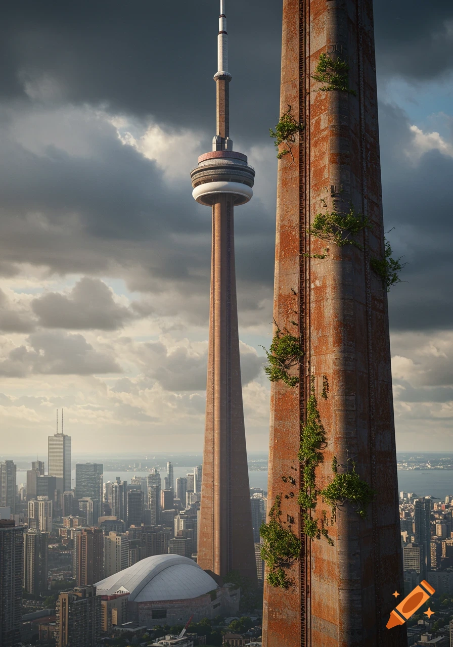 Aerial view of a weathered CN Tower and a tall, rusty, ivy-covered skyscraper overlooking a city under a cloudy sky.