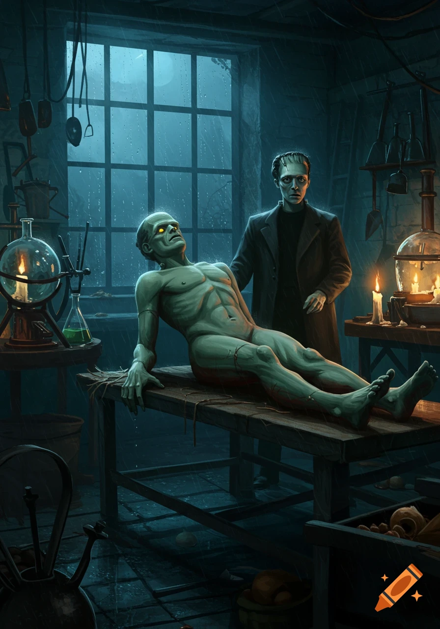Dr. Frankenstein stands over his newly animated monster on a table in a dark, stormy gothic laboratory.