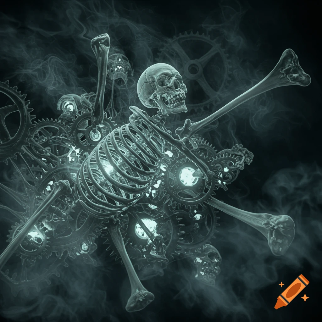Eerie glowing skeleton intertwined with intricate mechanical gears, emerging from dark smoke.