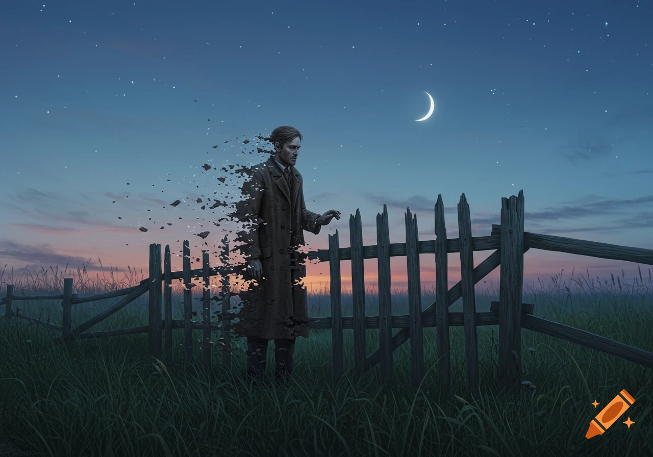 A man dissolving into particles stands by a wooden fence in a grassy field under a crescent moon and starry night sky.