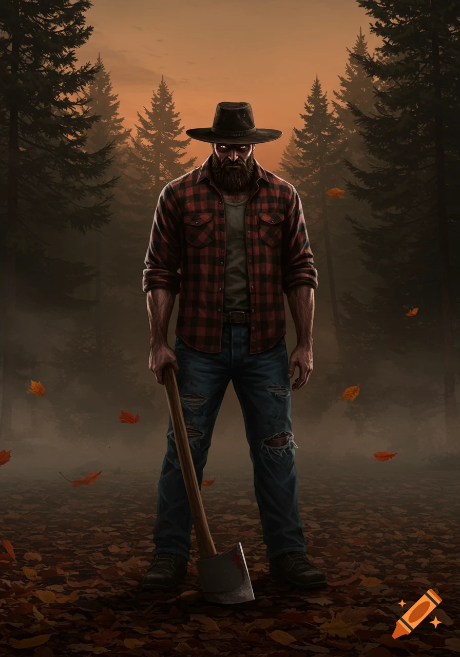 A menacing lumberjack with glowing eyes, beard, and plaid shirt holds an axe in a dark, autumnal forest. Digital illustration.