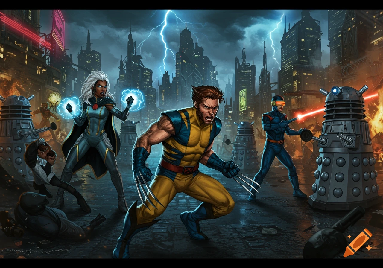 Comic art of Wolverine, Storm, and Cyclops battling Daleks in a futuristic city under a stormy, lightning-filled sky.
