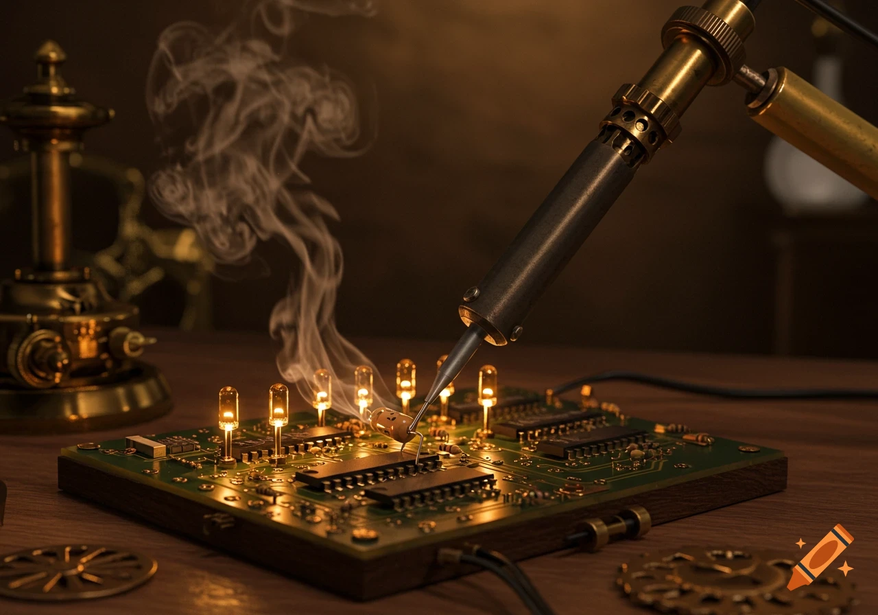A close-up of a steampunk circuit board with glowing components, being soldered by an ornate brass and metal soldering iron emitting smoke.