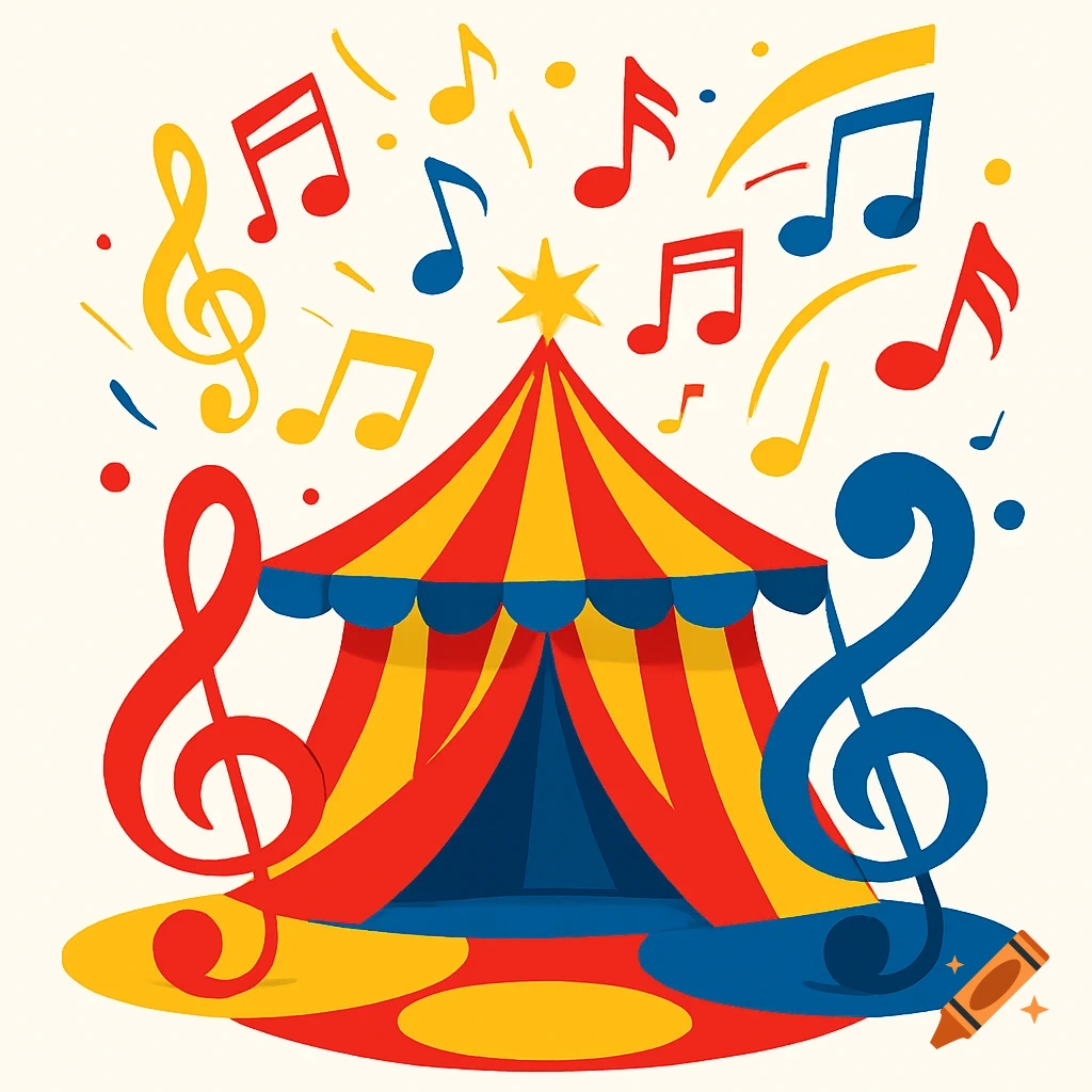 Colorful illustration of a striped circus tent surrounded by musical notes and symbols.