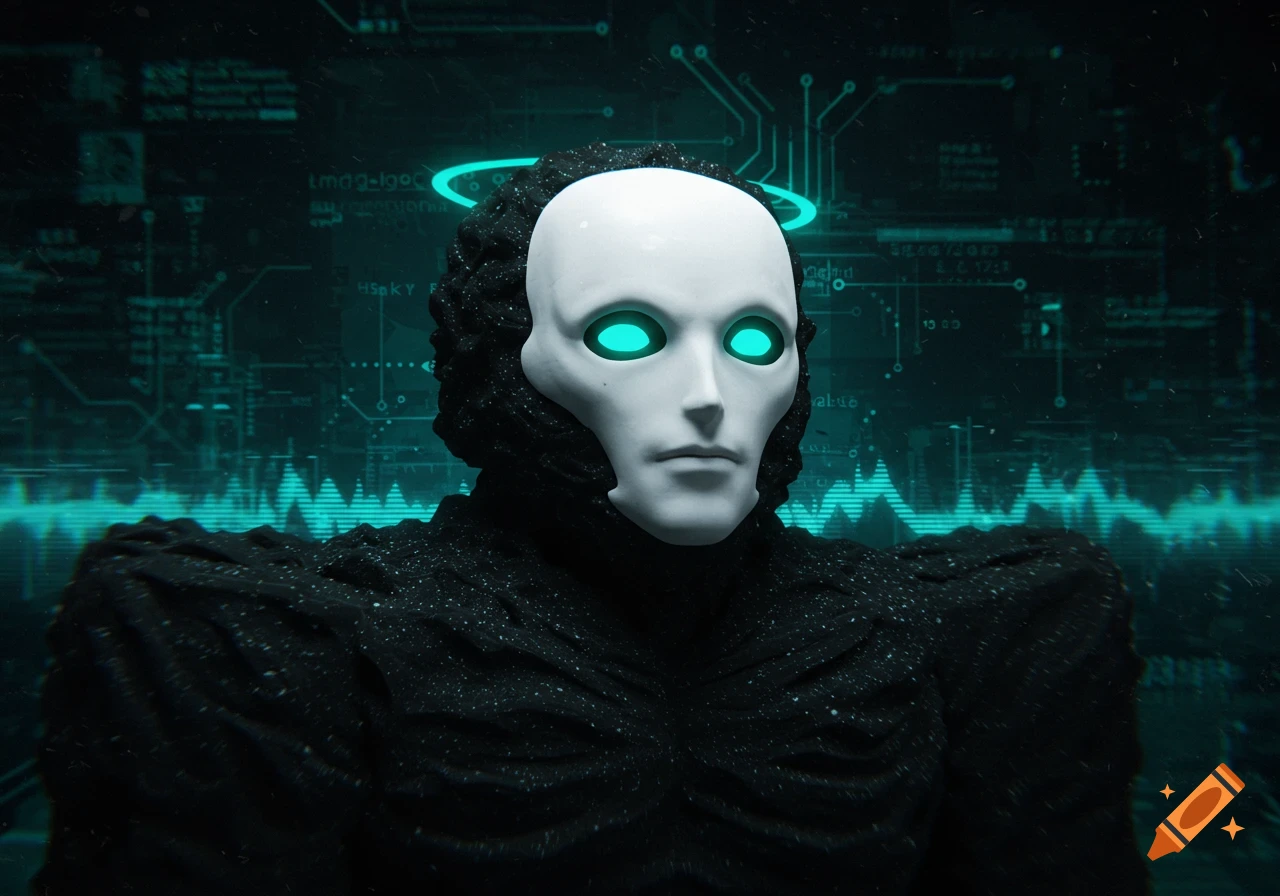 A close-up of a mysterious black figure with a smooth white mask and glowing teal eyes against a dark, futuristic background with teal circuit patterns and garbled text.