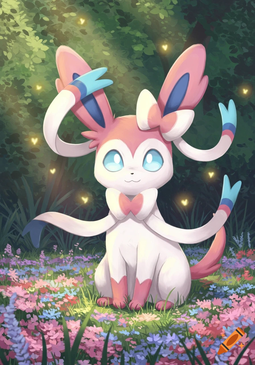 A cute Sylveon, a pink and white Pokemon, sits in a vibrant field of colorful flowers under a green forest canopy, with glowing heart lights.
