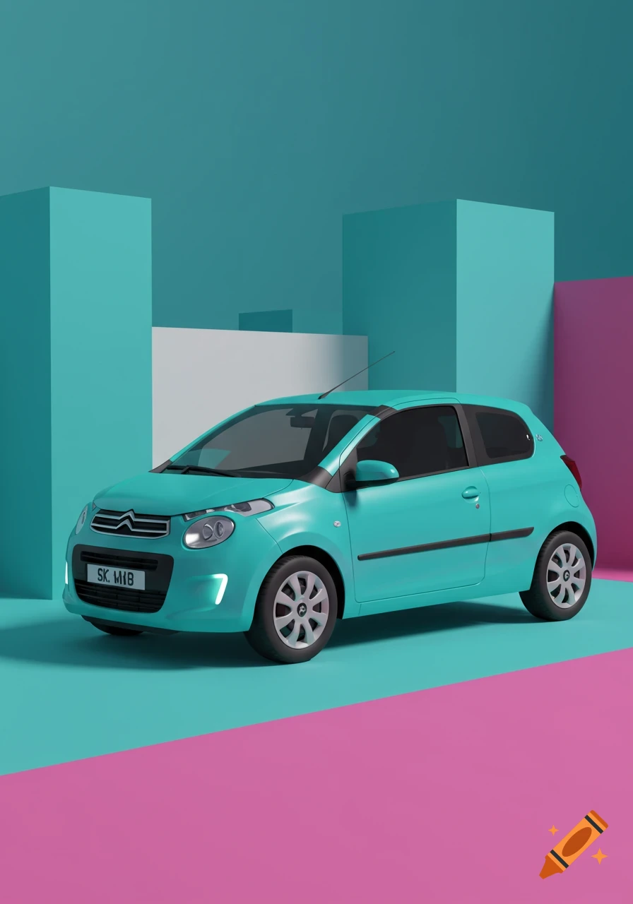 A teal Citroën C1 car in a clean 3D render style, positioned on a pink and teal surface with geometric blocks.