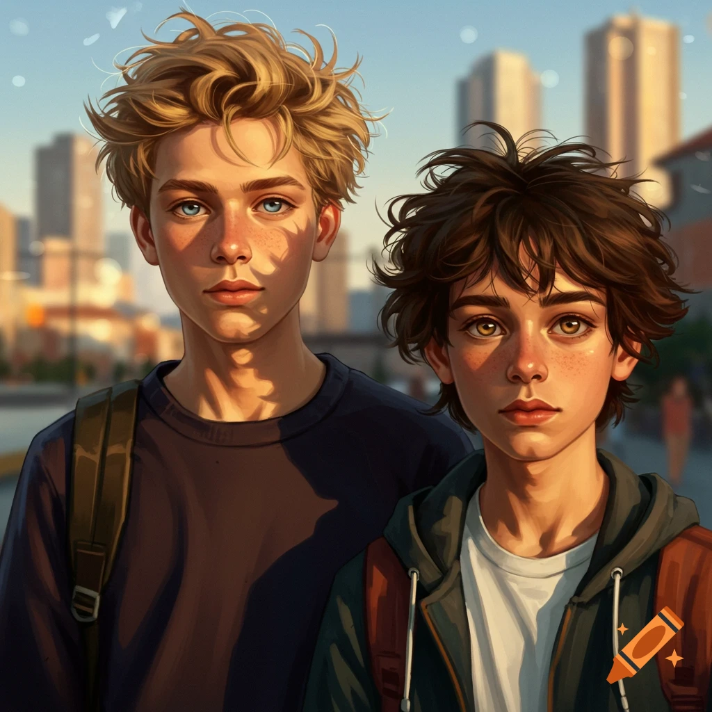 Close-up of two animated teenage boys with distinct hair and eye colors standing in a city street at sunset.