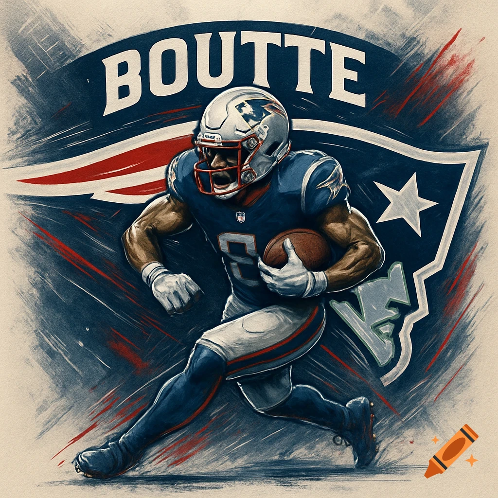 Digital art illustration of a New England Patriots football player in uniform, running with the ball against a stylized team flag background. The name "BOUTTE" is above him.