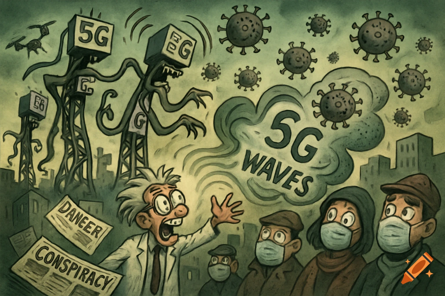 A political cartoon showing a mad scientist proclaiming "5G WAVES" while 5G towers resembling monsters emit virus particles. People in masks look on, and newspapers read "DANEER CONSPIRACY".