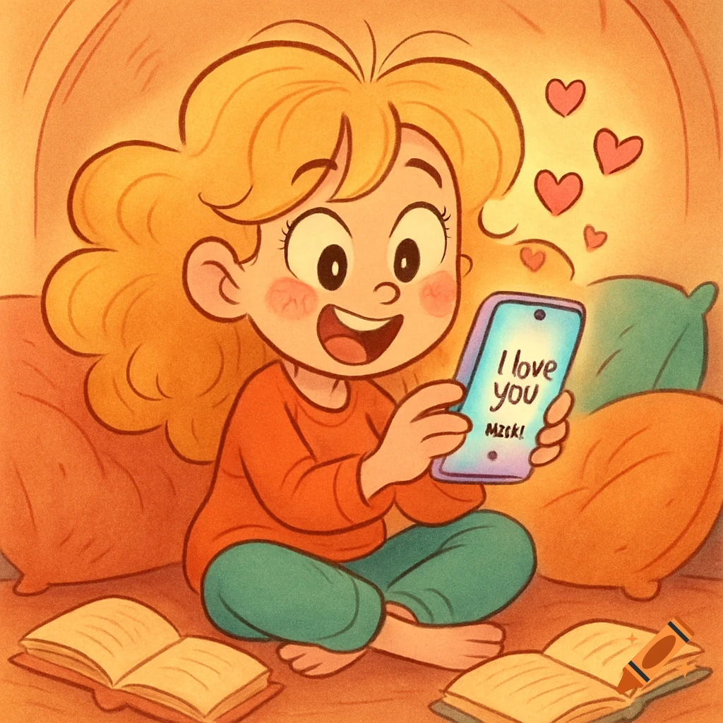 A happy cartoon girl with blonde hair sits cross-legged, holding a phone displaying 'I love you' with hearts floating above, with books beside her.