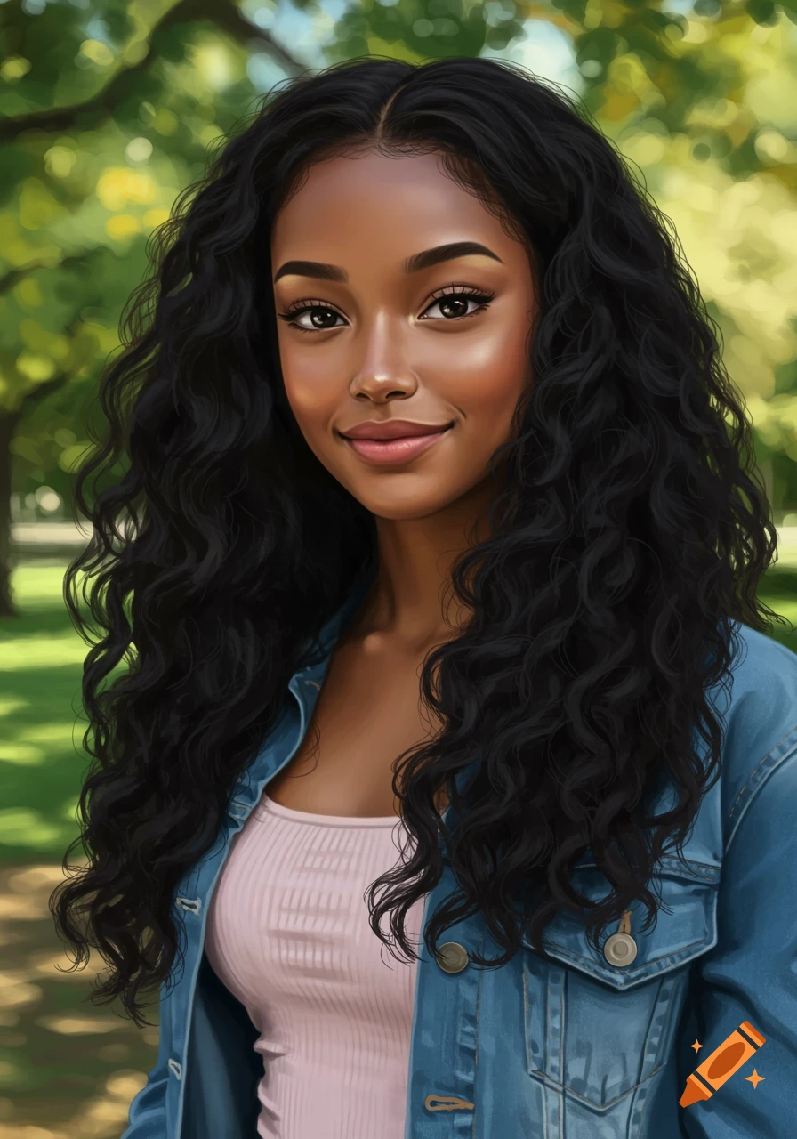 Smiling young Black woman with long curly hair wearing a denim jacket in a blurred park, digital art style.