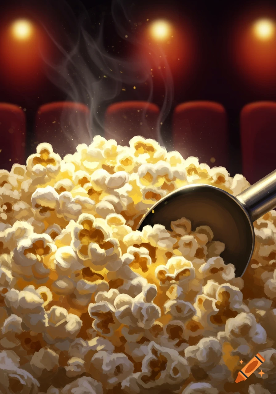 Close-up, stylized illustration of steaming popcorn with a scoop, in a dimly lit movie theater.