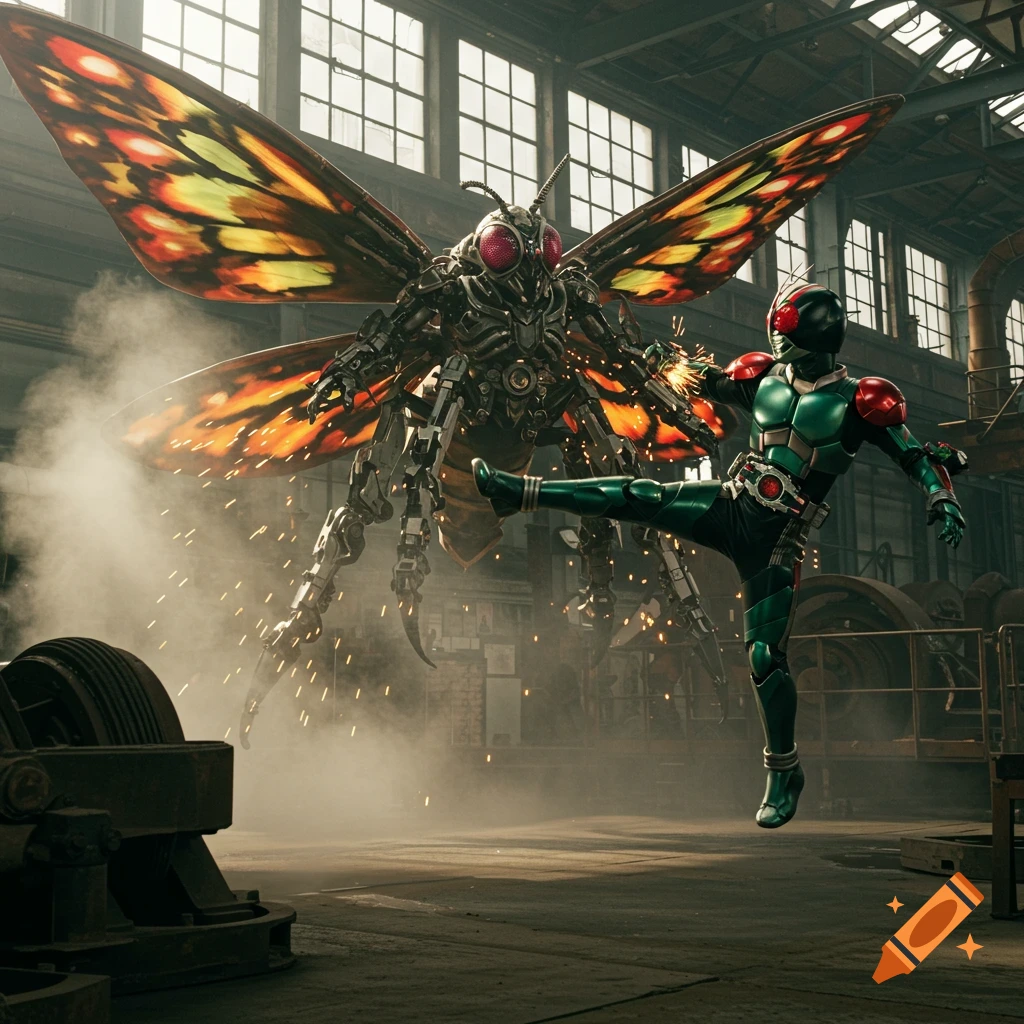 Photorealistic Kamen Rider in green armor kicking a large mechanical moth monster in a smoky industrial setting with sparks.