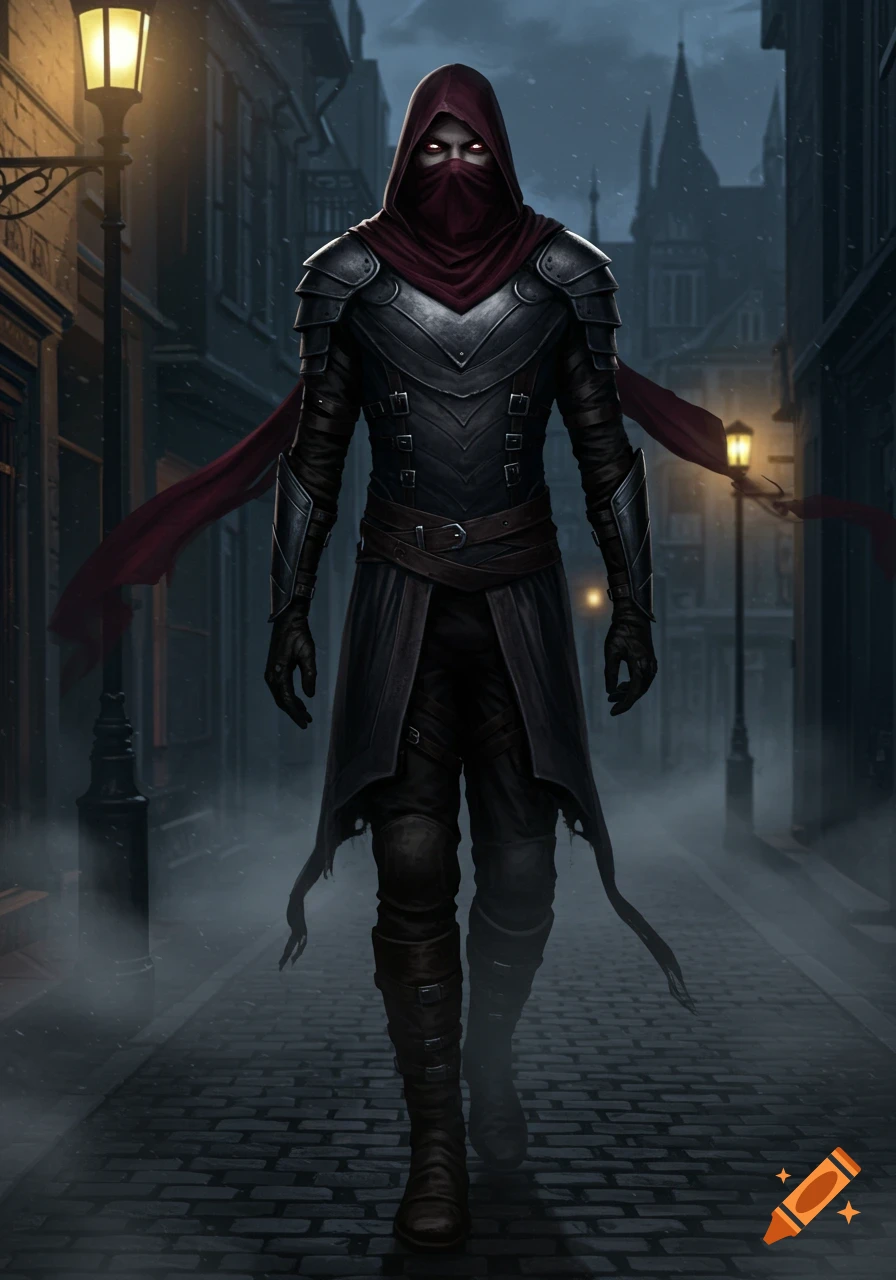 A tall, mysterious figure in dark leather armor with a red scarf and glowing eyes walks down a foggy, cobblestone street at night.