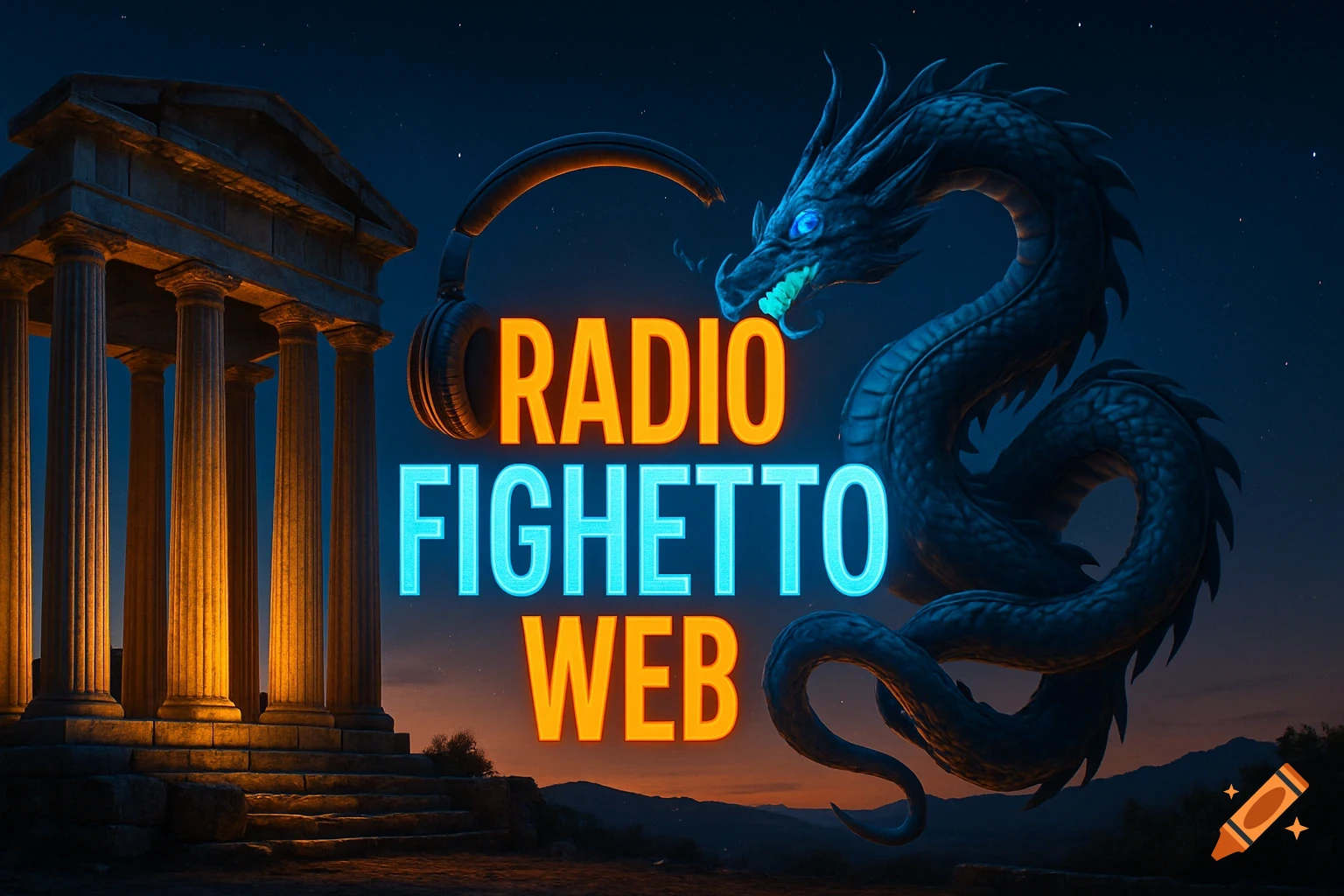 A stylized image featuring a blue glowing dragon and ancient Greek temple against a starry night sky. Large, neon-lit text reads 'RADIO FIGHETTO WEB' with headphones above it.