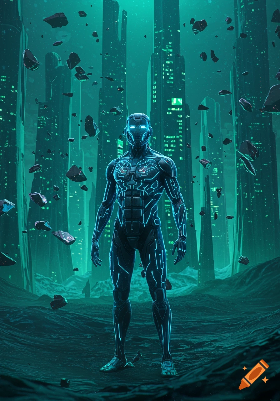 A glowing blue robot stands in a dark, futuristic city with green neon lights and floating debris, in a sci-fi style.