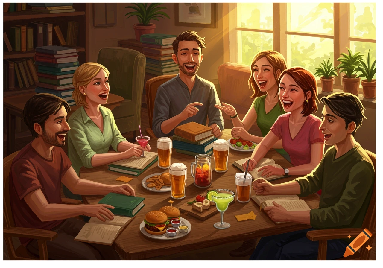 Illustration of six diverse people laughing and talking at a book club table with books, burgers, beers, and margaritas.