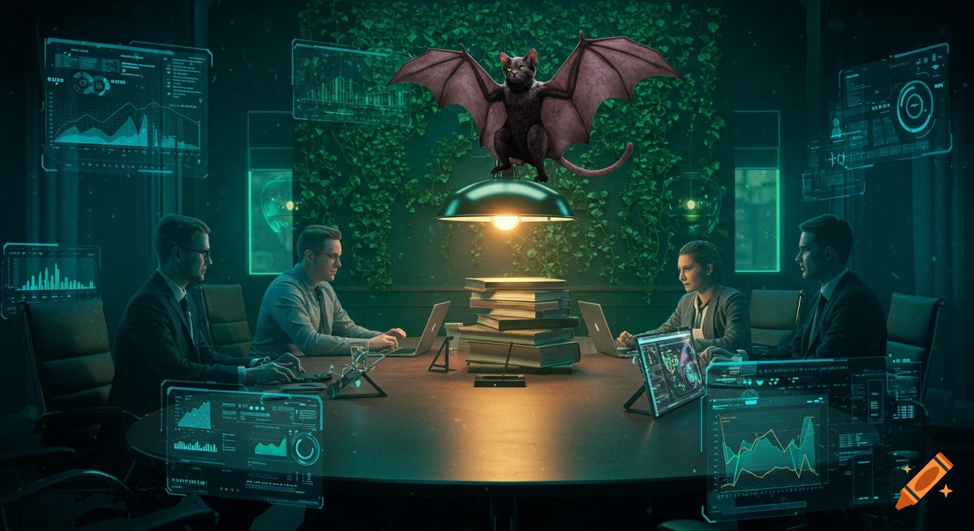 Four people in suits at a futuristic business meeting with holographic screens, as a winged bat-cat perches on a central lamp.