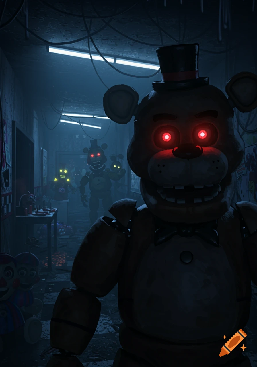Dark hallway filled with multiple creepy animatronics with glowing red and yellow eyes, led by a large Freddy Fazbear.