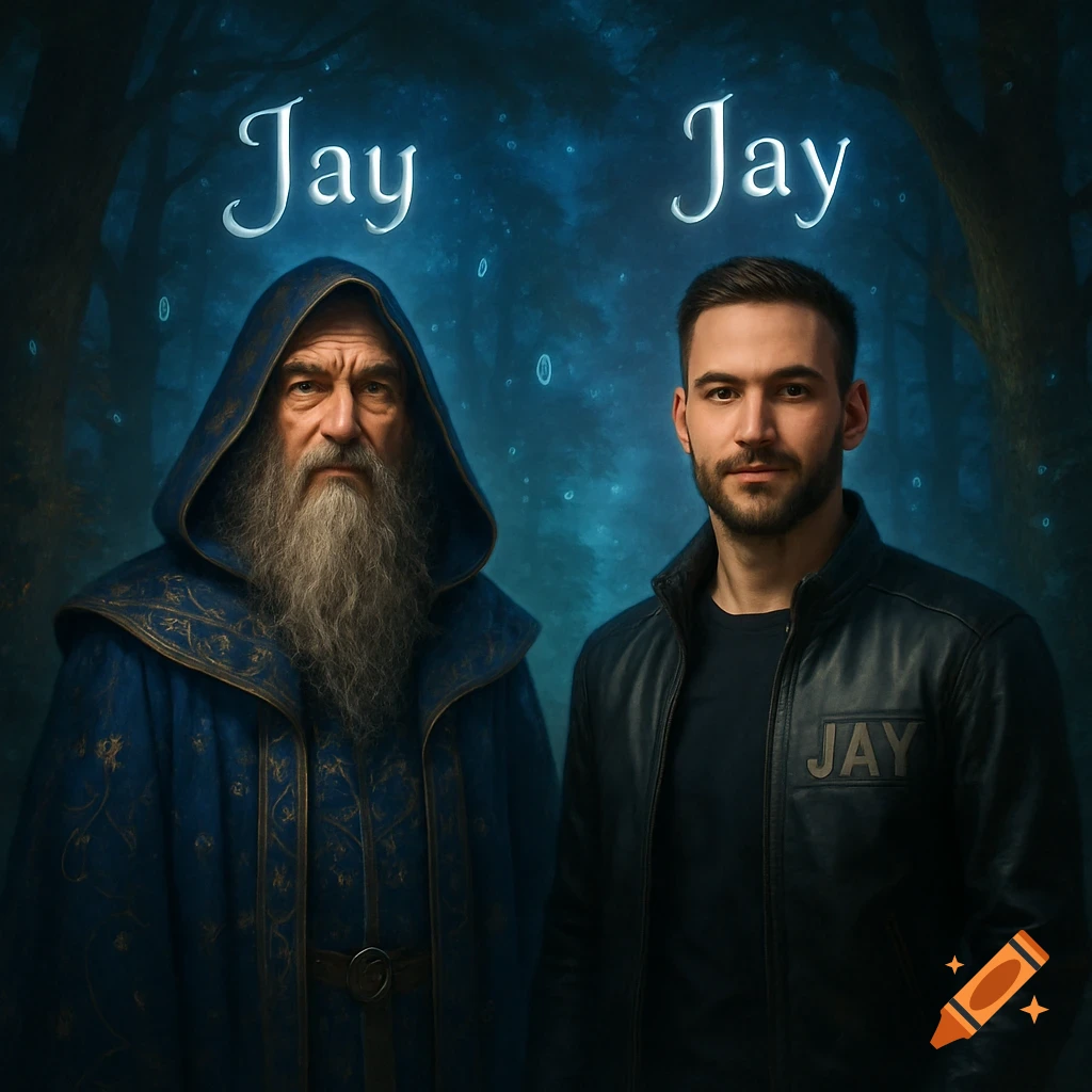 A wizard and a modern man named Jay stand in a magical forest.