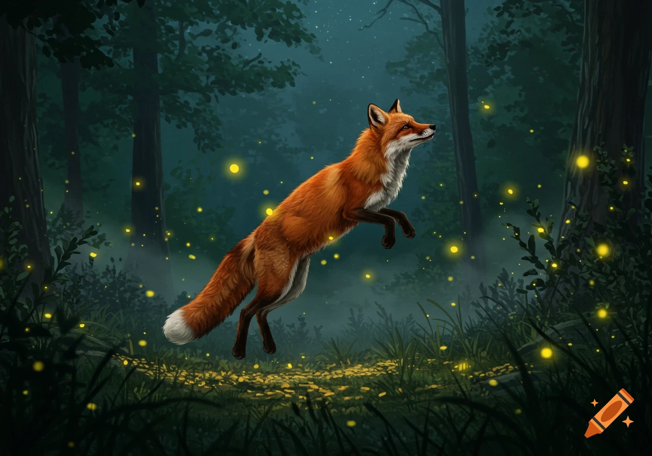 A realistic red fox leaps through a dark, magical forest lit by glowing yellow fireflies.